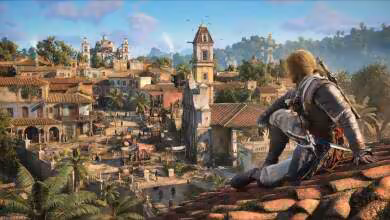 Assassin encapuchonné assis sur un toit dominant une ville méditerranéenne, style action-aventure