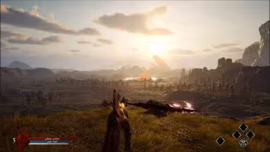 Capture d’écran de gameplay avec dinosaure armé dans un paysage rocheux au coucher du soleil