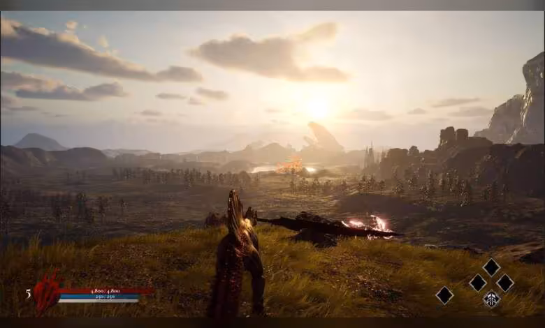 Sorties jeux vidéo de la semaine 30 : dinos armés, RTS spatial et coop absurde 1 Capture d’écran de gameplay avec dinosaure armé dans un paysage rocheux au coucher du soleil