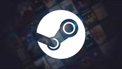Logo Steam blanc sur fond flou de bibliothèque de jeux, illustration de marque Valve