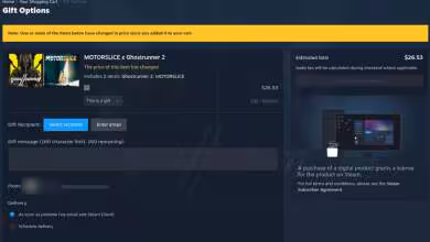 Interface Steam “Gift Options” pour acheter MOTORSLICE et Ghostrunner 2, avec options destinataire, message et livraison cade