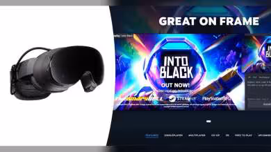 Casque VR Valve à gauche avec interface Steam Frame à droite affichant "Into the Black".