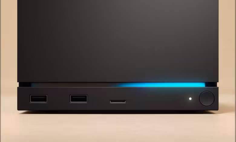 Steam Machine : Valve vise la fin 2026 pour les réservations et ajoute FSR 4.1 1 Boîtier Steam Machine noir avec deux ports USB, éclairage LED bleu et bouton d’alimentation rond à l’avant