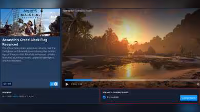 Page Steam d’Assassin’s Creed Black Flag Resynced avec badge SteamOS Compatibility compatible.