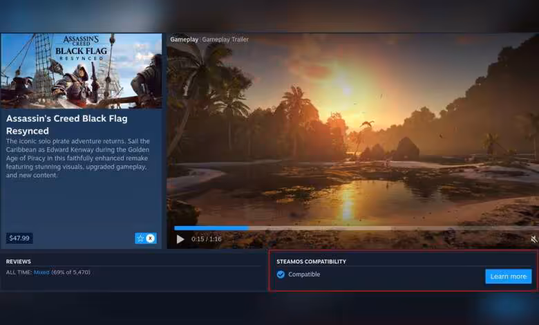 SteamOS Verified : Valve affiche enfin la compatibilité Steam Machine dans Steam 1 Page Steam d’Assassin’s Creed Black Flag Resynced avec badge SteamOS Compatibility compatible.