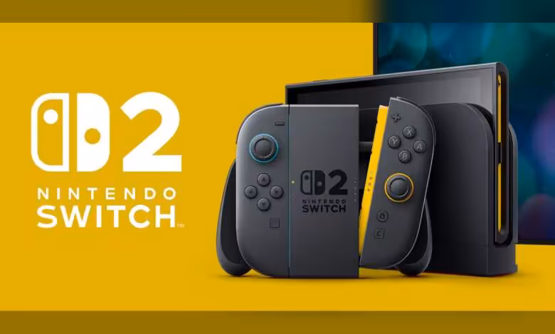 Switch 2 VRR : Nintendo recrute sur l’affichage, le mode TV reste sans support 1 Console Nintendo Switch 2 avec Joy-Con entre noir et jaune, fond jaune vif