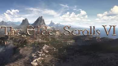 Logo de The Elder Scrolls VI sur paysage montagneux, image promotionnelle du jeu vidéo de Bethesda