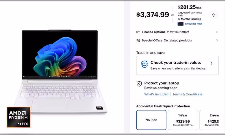 RTX 5070 Laptop 12 Go : Lenovo facture 3 375 $ son Legion 7 16AGP11 OLED 240 Hz 1 Ordinateur portable blanc écran coloré et interface de vente en ligne avec prix et options