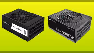 Thermaltake AX 3200W et SilverStone HELA 3000Rz sur fond jaune vif, contraste élevé