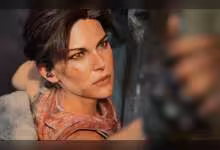Lara Croft, héroïne de Tomb Raider, vue de profil avec tresse, vêtements d’aventure et fond flou