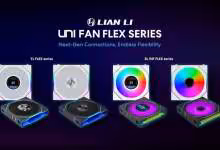 Visuel produit Lian Li UNI FAN FLEX Series, ventilateurs RGB modulaires noirs et blancs