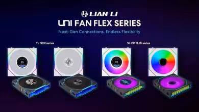 Visuel produit Lian Li UNI FAN FLEX Series, ventilateurs RGB modulaires noirs et blancs