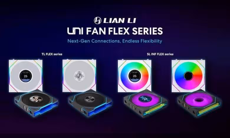 UNI FAN FLEX : Lian Li lance une gamme modulaire avec LCD 1,8 pouce et triple contrôle 1 Visuel produit Lian Li UNI FAN FLEX Series, ventilateurs RGB modulaires noirs et blancs