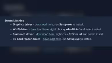 Capture d'écran liste des ressources Windows pour Steam Machine incluant pilotes graphiques, Wi-Fi, Bluetooth et lecteur SD.