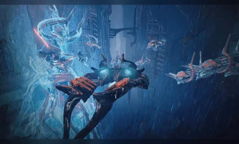 Warframe Tau : Digital Extremes ouvre enfin le système Tau et Brysko en 2026 1 Warframe en apesanteur dans un environnement aquatique bleu, avec créatures et structures organiques lumineuses