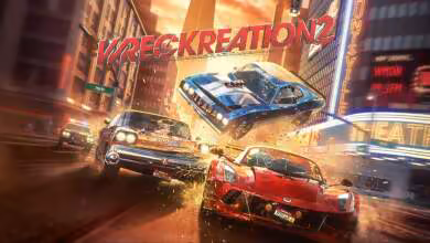 Illustration de Wreckreation 2 montrant trois voitures de course en collision dans une rue urbaine nocturne
