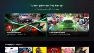 Interface Xbox Cloud Gaming de Microsoft annonçant le streaming gratuit avec publicités et vignettes de jeux compatibles