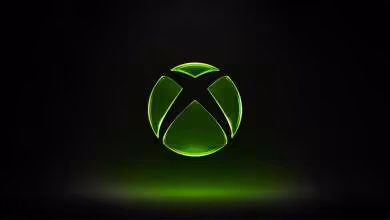 Logo Xbox vert lumineux sur fond noir, symbole circulaire minimaliste avec halo néon central