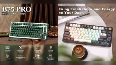 Clavier mécanique Yunzii B75 Pro vert et blanc avec molette, présenté en deux coloris sur fond promotionnel