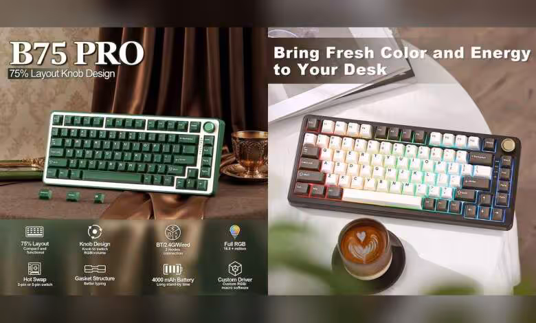 Yunzii B75 PRO : de nouveaux coloris pour ce clavier 75 % tri-mode et hot-swap 1 Clavier mécanique Yunzii B75 Pro vert et blanc avec molette, présenté en deux coloris sur fond promotionnel