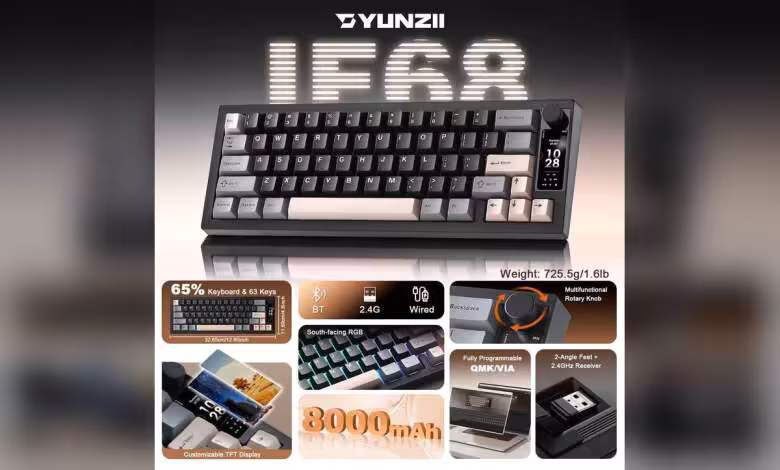 Yunzii IF68 : un clavier 65 % avec écran TFT, QMK/VIA et batterie 8000 mAh 1 Clavier Yunzii IF68 noir 65 % avec écran TFT latéral, molette et mise en avant des fonctions BT, 2,4G, QMK/VIA