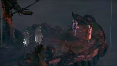 Scène de jeu isométrique sombre avec plusieurs personnages autour d’une structure organique, style art conceptuel