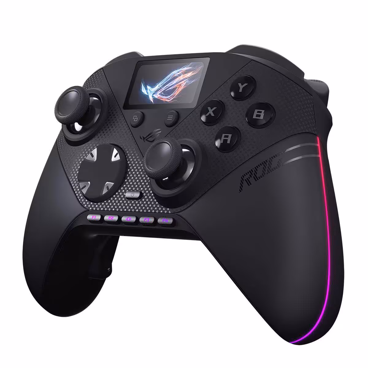 Manette ASUS ROG Raikiri II Pro noire, vue trois-quarts avec écran ROG, sticks asymétriques et boutons ABXY.