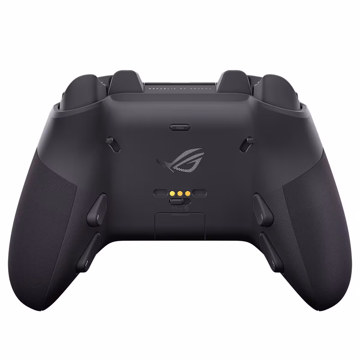 Manette ASUS ROG Raikiri II Pro noire, vue arrière avec boutons programmables, logo ROG et connectique centrale.