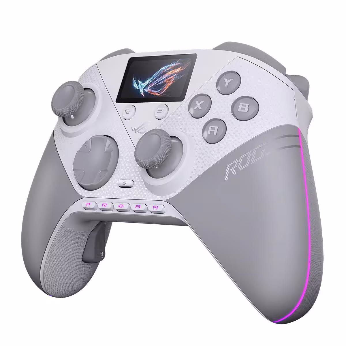 Manette ASUS ROG Raikiri II Pro blanche et grise, vue trois-quarts avec éclairage RGB et écran ROG.