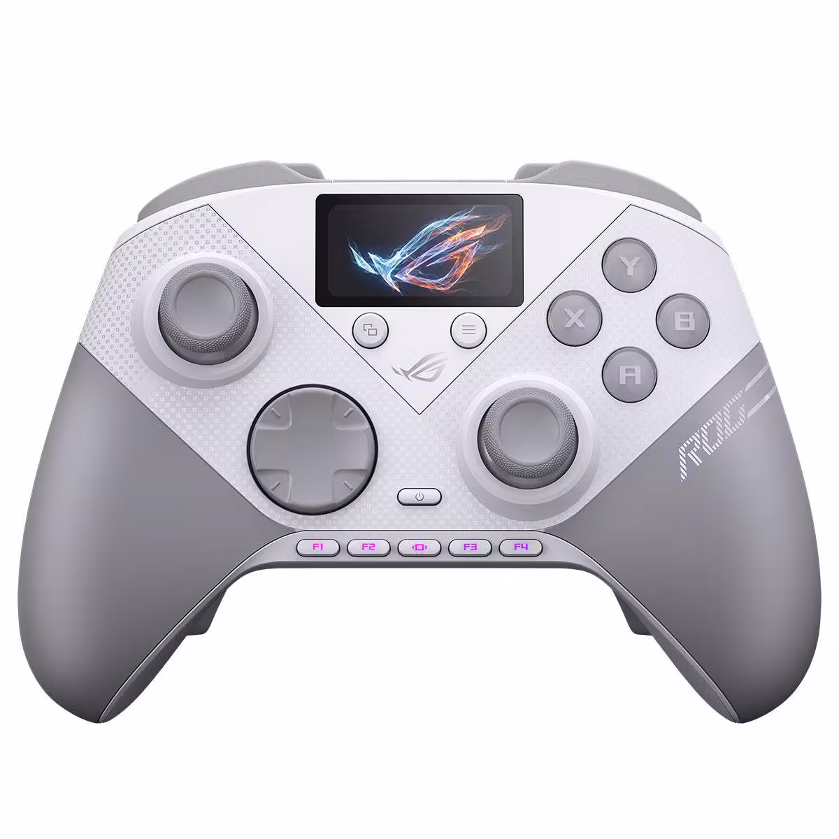 Manette ASUS ROG Raikiri II Pro blanche et grise, vue de face avec écran central, sticks et boutons ABXY.