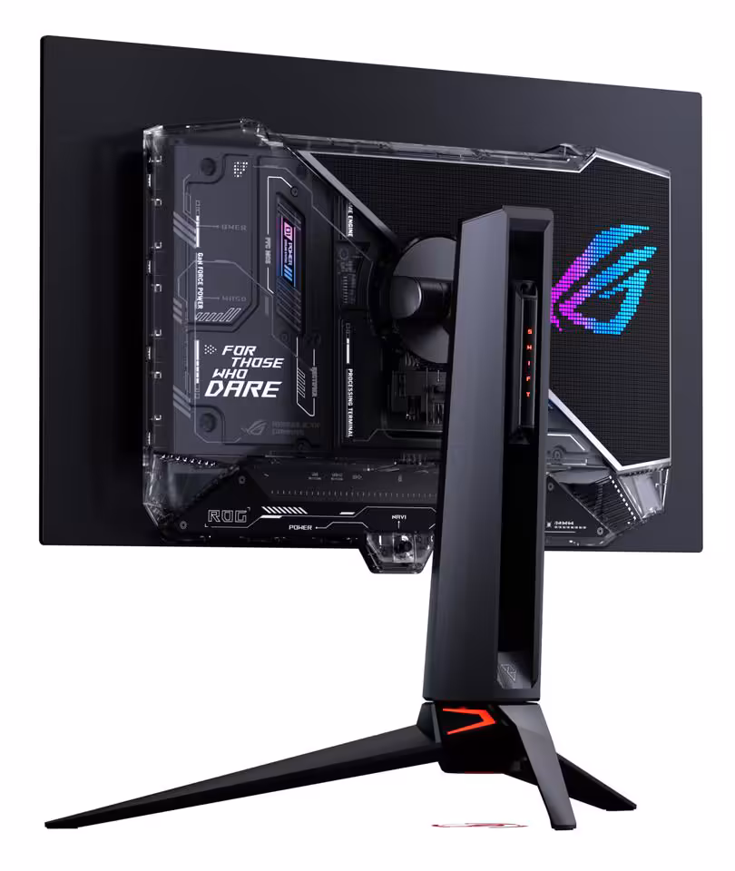 Vue arrière du moniteur ASUS ROG Swift OLED PG27UCWM, châssis noir et logo ROG lumineux.