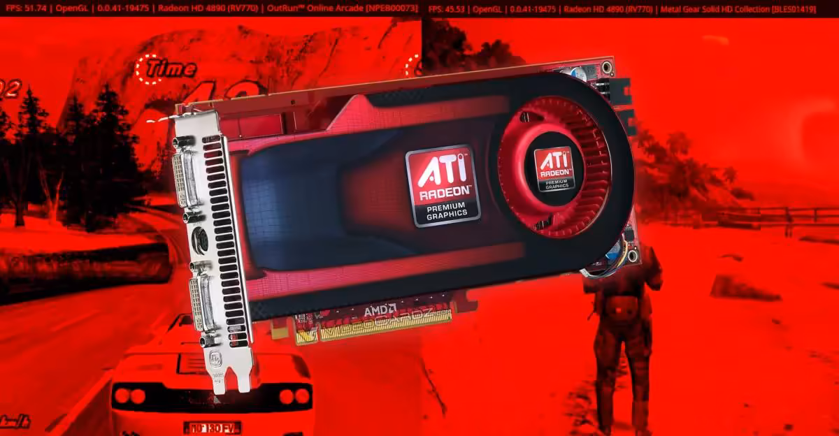 Carte graphique ATI Radeon HD sur fond rouge avec jeu vidéo en arrière-plan