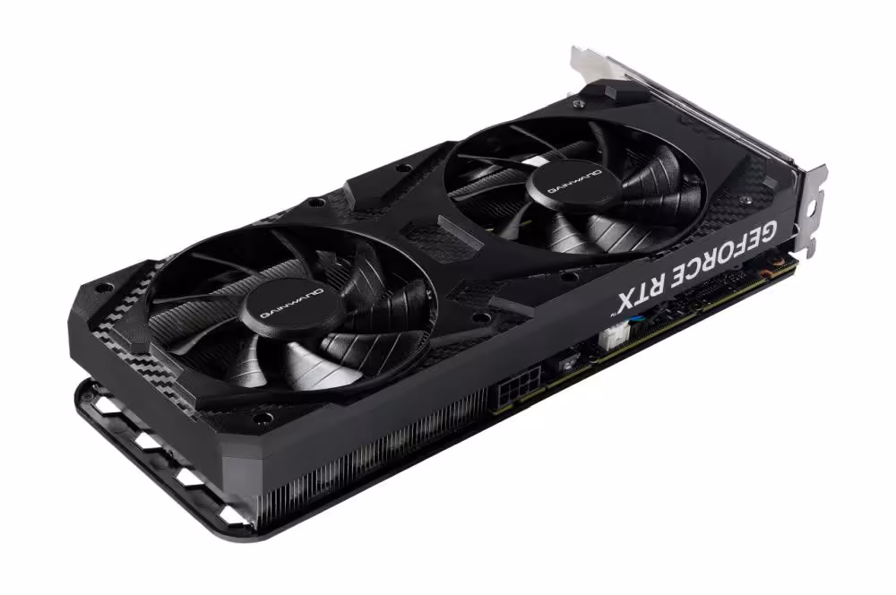 RTX 3060 Python II OC : Gainward relance une carte 12 Go taillée pour le 1080p 3 Carte graphique Gainward GeForce RTX 3060 Ti, vue en angle avec double ventilateur et connectique visible