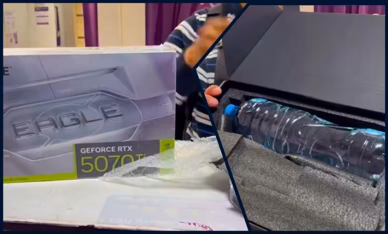 RTX 5070 Ti : une boîte scellée à 90 000 roubles cache une bouteille d’eau 1 rtx 5070 ti bouteille eau arnaque