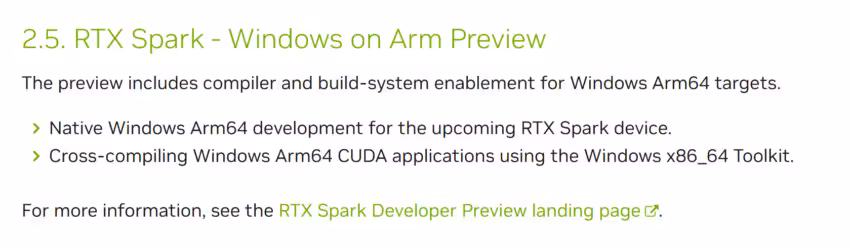 CUDA Arm64 sur Windows : NVIDIA publie un premier kit natif pour les PC RTX Spark 2 Capture texte explicative sur Windows Arm Preview et RTX Spark.