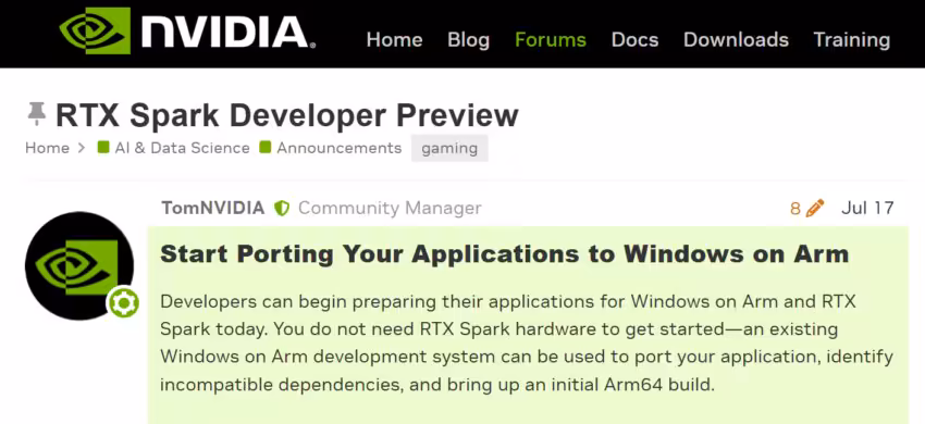 CUDA Arm64 sur Windows : NVIDIA publie un premier kit natif pour les PC RTX Spark 3 Capture écran forum NVIDIA concernant RTX Spark Developer Preview.