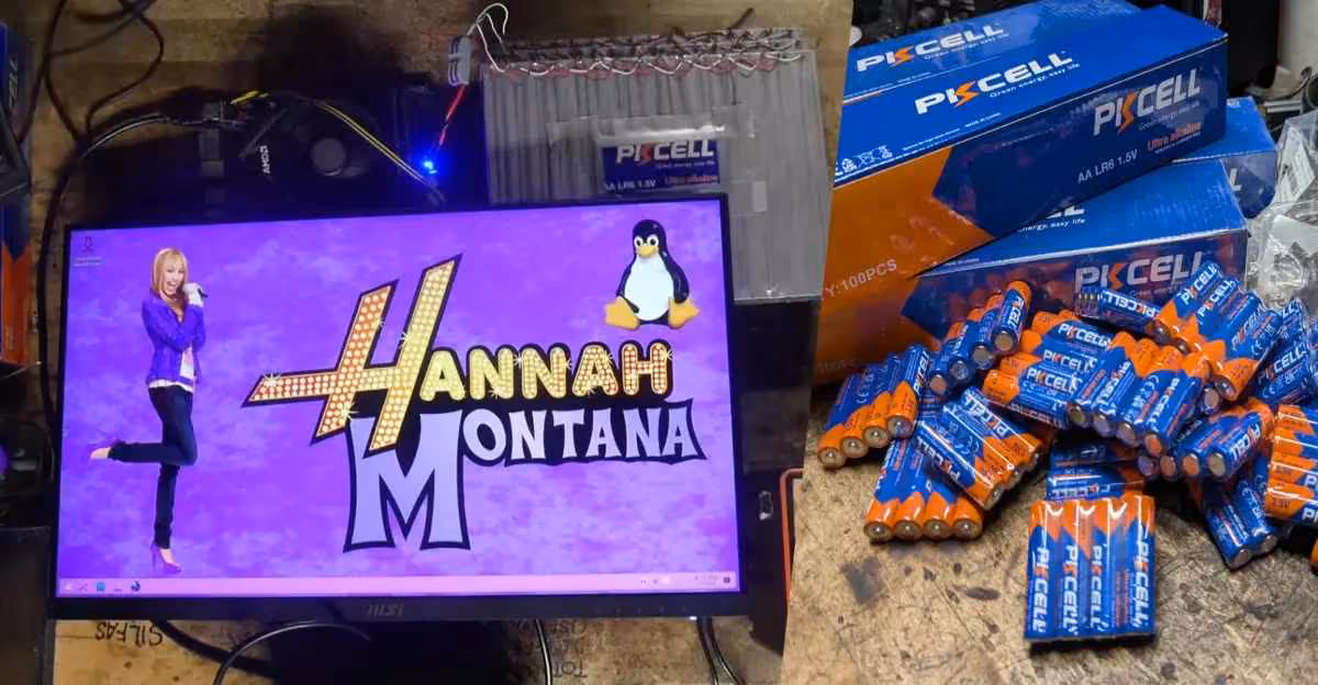 Batteries AA : un PC Ryzen démarre avec 192 piles et tient un stress test CPU 2 Capture d'écran Hannah Montana sur écran avec piles PKCELL en arrière-plan.
