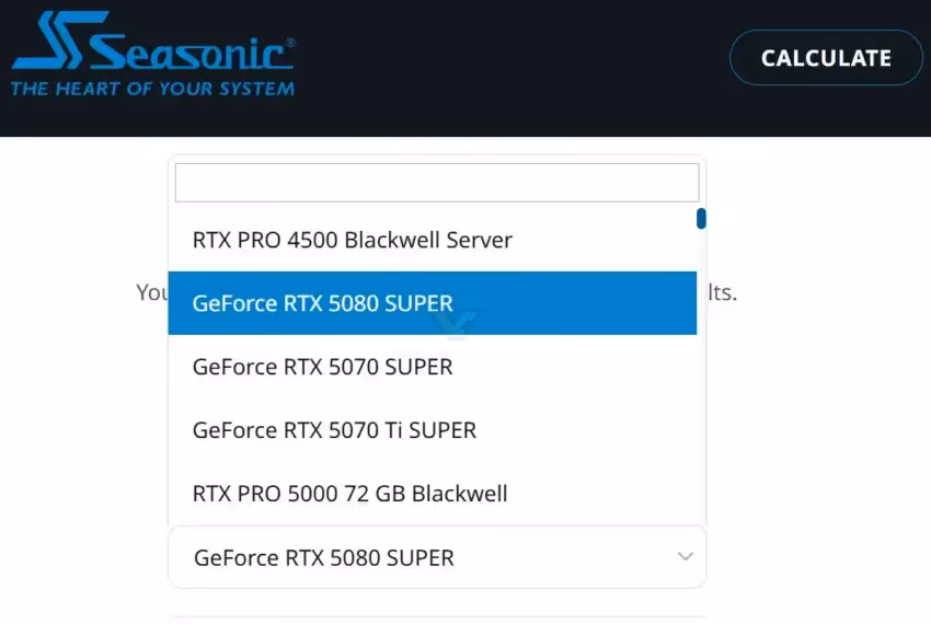 Capture écran Seasonic PSU Calculator listant GeForce RTX 5080 SUPER, fond blanc peu contrasté