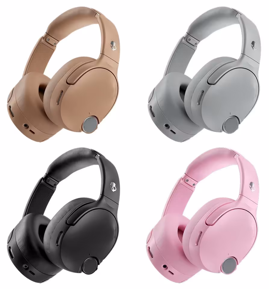 Skullcandy Crusher 1080 ANC : le casque à basses sensorielles s'allie aux technologies Bose 3 Casques Skullcandy Crusher 1080 ANC en quatre coloris, noir, beige, gris et rose sur fond blanc.
