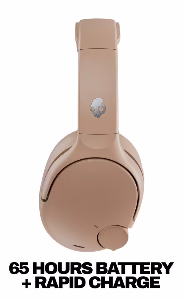 Skullcandy Crusher 720 : THX Spatial Audio, 65 h d’autonomie et basses réglables 3 Skullcandy Crusher 720 beige, vue frontale avec mention 65 heures de batterie et charge rapide