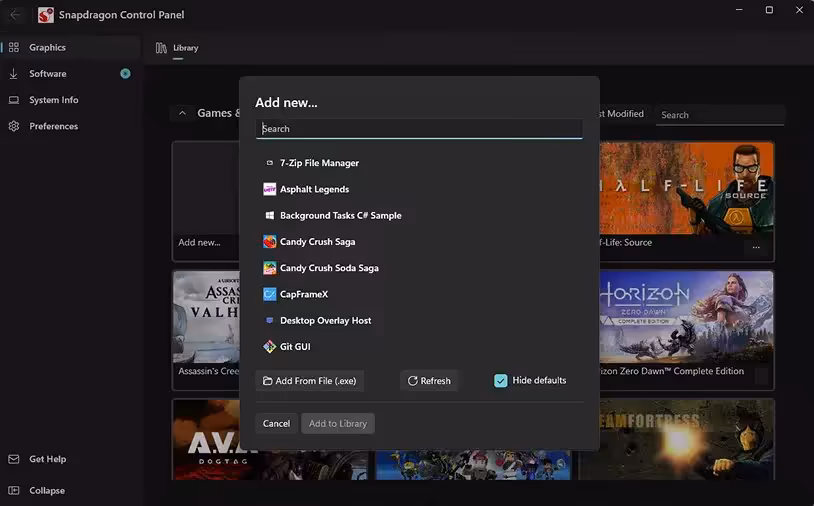 Capture d'écran du panneau de contrôle Snapdragon avec jeux listés, interface sombre
