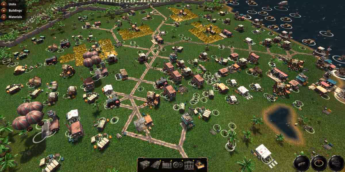 Colonie de survie vue du dessus sur prairie verte, routes, habitations et zones industrielles dispersées
