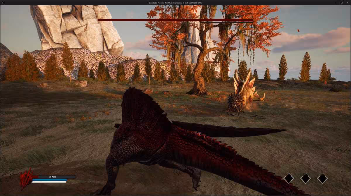 Sorties jeux vidéo de la semaine 30 : dinos armés, RTS spatial et coop absurde 3 Gameplay de dinosaure raptor dans une plaine rocheuse, interface de combat visible à l’écran