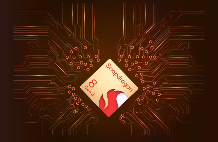 Puce Qualcomm Snapdragon 8 Gen 3 sur circuit imprimé stylisé brun et rouge
