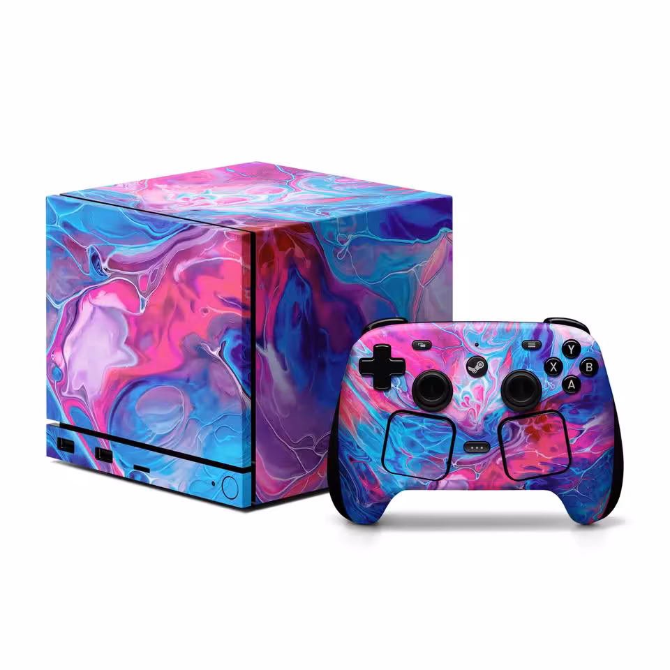 Steam Machine et manette recouvertes d’un skin marbré arc-en-ciel bleu, rose et violet