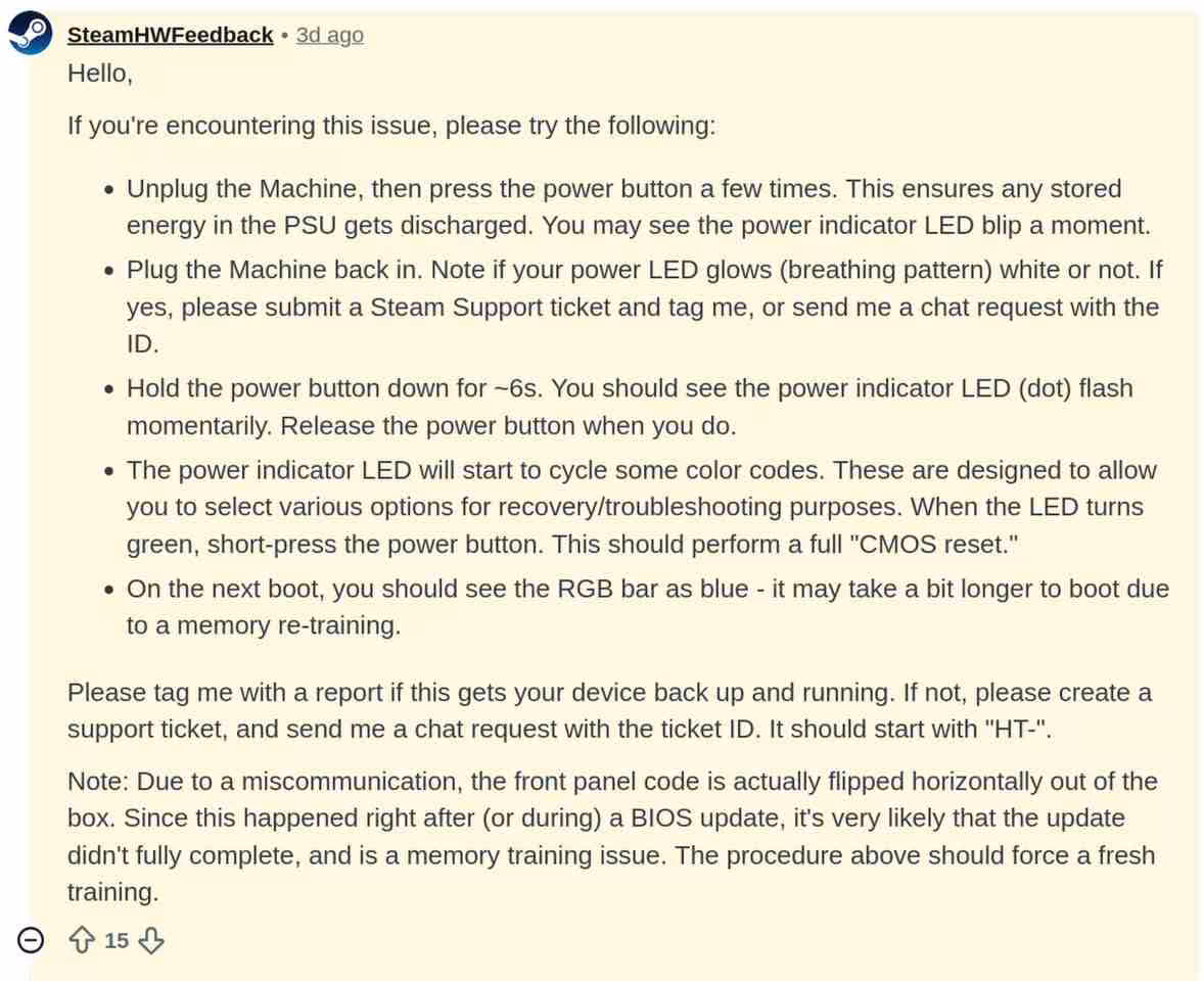 Steam Machine : la « red line of death » venait d’un simple reset CMOS 2 Capture SteamHWFeedback expliquant les étapes de dépannage d’une Steam Machine, texte d’assistance technique visible