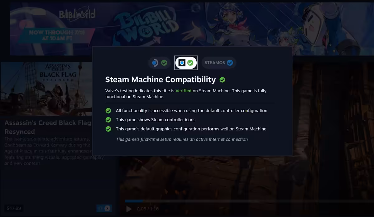 SteamOS Verified : Valve affiche enfin la compatibilité Steam Machine dans Steam 2 Fenêtre Steam Machine Compatibility de SteamOS sur écran Steam, avec liste de vérification de compatibilité.