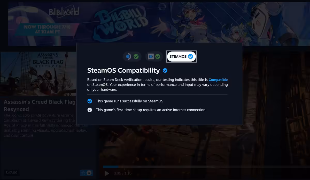 SteamOS Verified : Valve affiche enfin la compatibilité Steam Machine dans Steam 3 Fenêtre SteamOS Compatibility de Valve affichant un statut compatible sur Steam Deck.