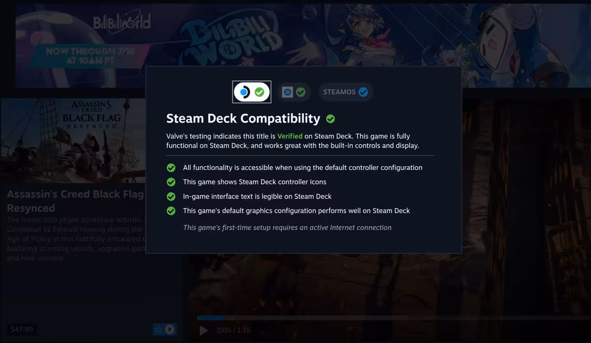 SteamOS Verified : Valve affiche enfin la compatibilité Steam Machine dans Steam 4 Fenêtre Steam Deck Compatibility de Valve indiquant que le jeu est vérifié sur Steam Deck.