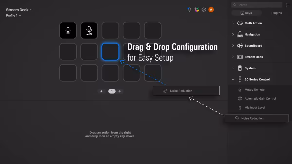 Stream Deck : Audio-Technica étend le contrôle de ses micros USB 20 Series 2 Interface logicielle Stream Deck en mode drag and drop, configuration des touches et actions.